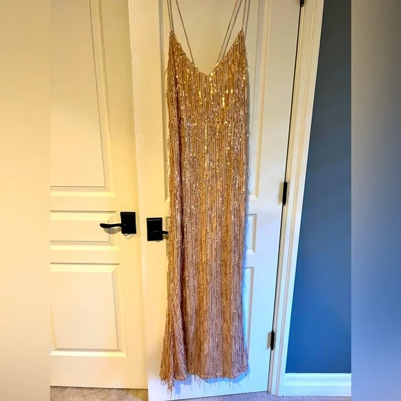 rose gold sequin fringe dress Muslim A-line Wedding Dresses Paillette Pearls High Collar – TANYA BRIDAL